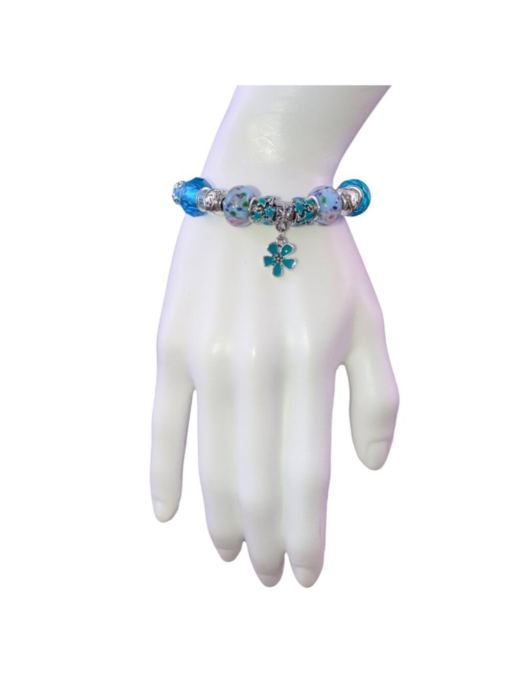 Silver Tone Womens Blue Glass Bead & Enamel Flower Charm Bracelet